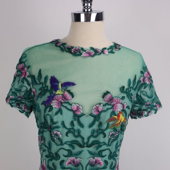 Tadashi Verena Green Sheer Illusion Embroider Floral Birds Lace Bodycon Dress - Picture 4 of 9